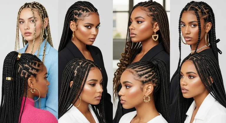 Diverse women displaying trendy hairstyles braids of 2025, including knotless box braids, Dutch braids, and braided ponytails, styled with gold cuffs and ribbons in a modern studio with summer lighting.