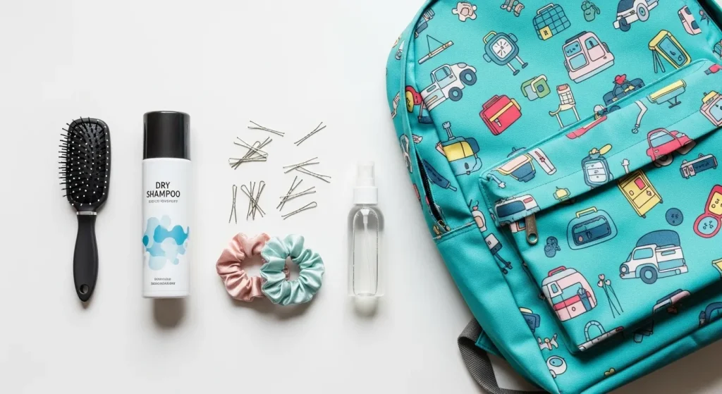 Back to School Hairstyles 2025: Cute, Quick & On-Trend Looks 13 a blue backpack with hairpins and hair spray and hair clips