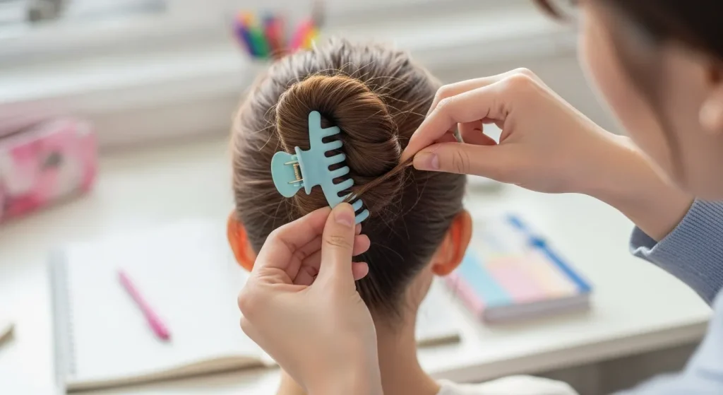 Back to School Hairstyles 2025: Cute, Quick & On-Trend Looks 6 a woman with a blue hair clip