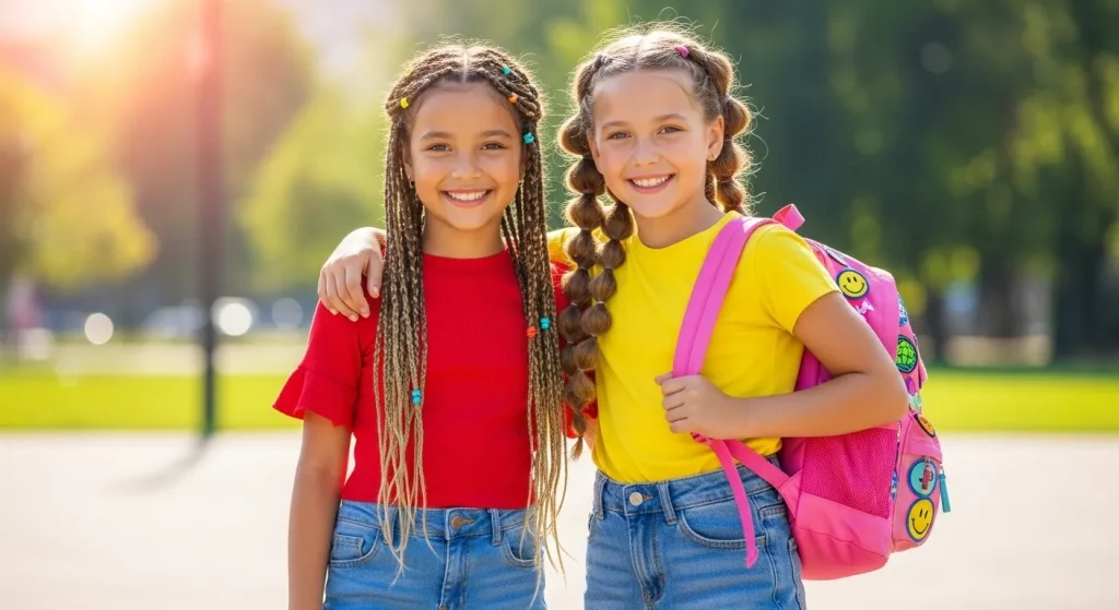 Back to School Hairstyles 2025: Cute, Quick & On-Trend Looks 2 two girls smiling at the camera