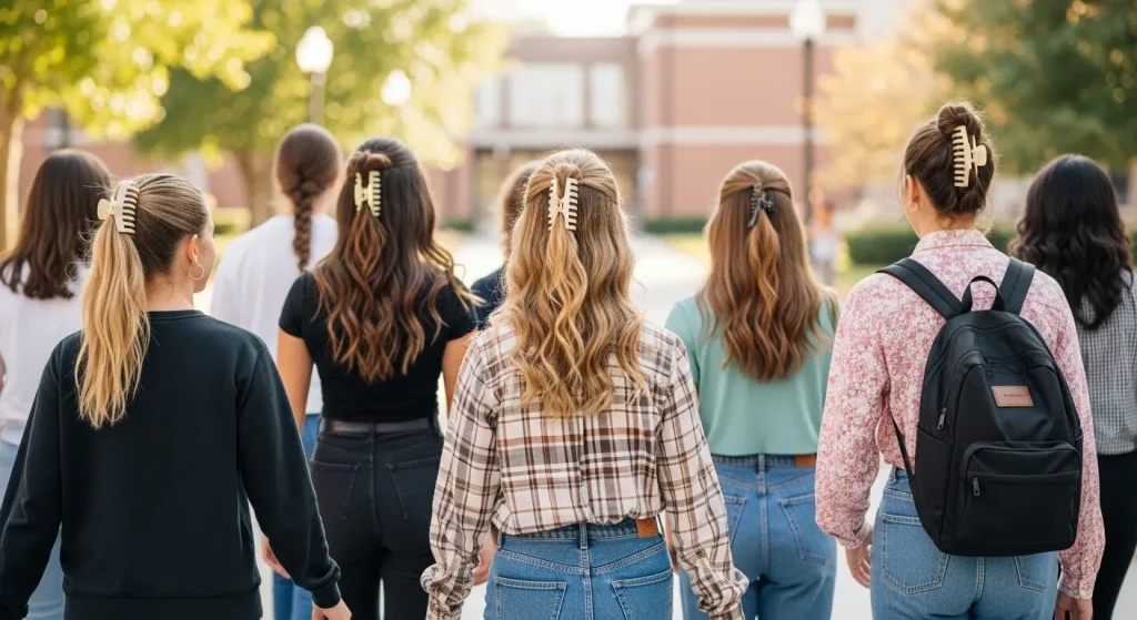 Group of students with trendy back to school hairstyles, including braids, buns, and ponytails, on campus in 2025.