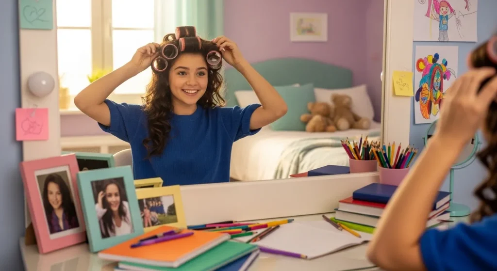 Back to School Hairstyles 2025: Cute, Quick & On-Trend Looks 10 a girl with curlers on her head