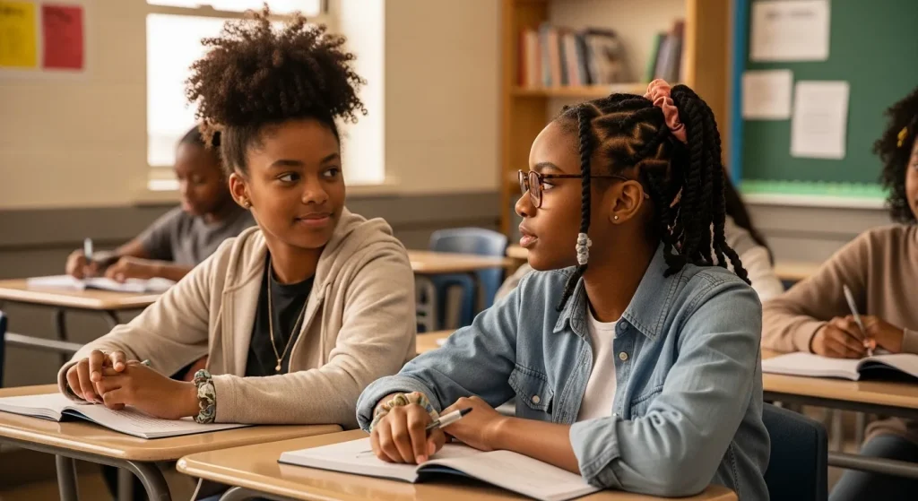 Back to School Hairstyles 2025: Cute, Quick & On-Trend Looks 5 a group of girls sitting at desks