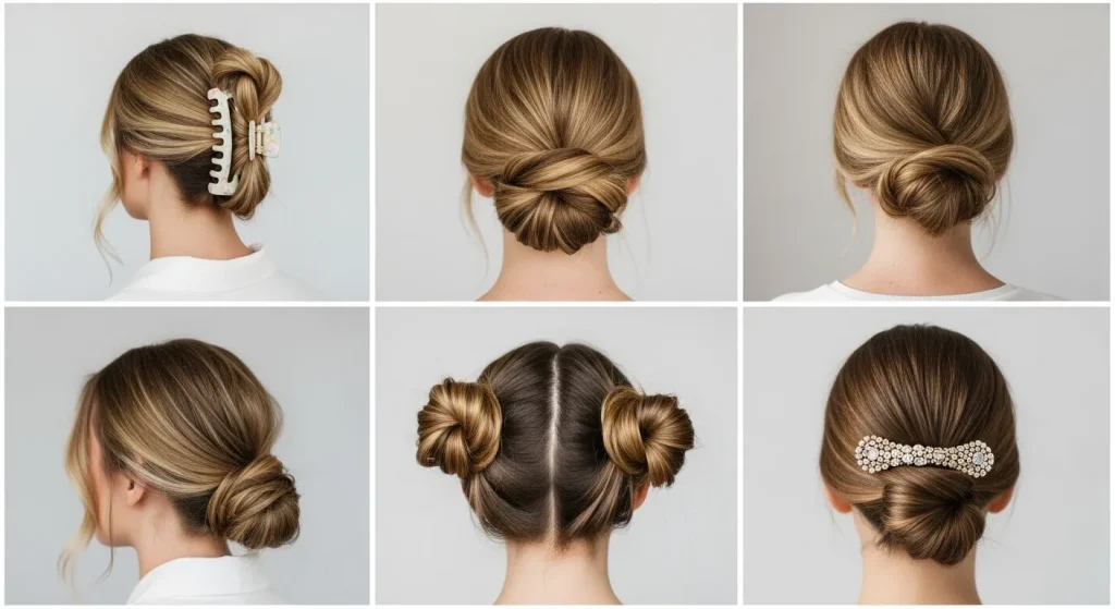 Best Hairstyles for Medium Length Hair in 2025: Trendy & Timeless 12 Photo collage showing easy updos for medium hair: mini claw clips, low twisted bun, half-up space buns, and a French twist with a statement barrette.