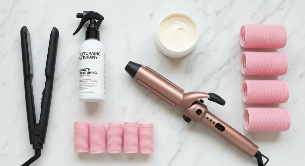 Best Hairstyles for Medium Length Hair in 2025: Trendy & Timeless 10 Flat lay of medium-hair-friendly styling tools: flat iron, texturizing spray, curling wand, smoothing cream, and Velcro rollers.