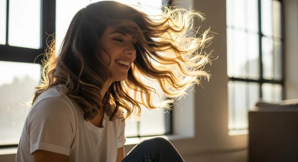 Best Hairstyles for Medium Length Hair in 2025: Trendy & Timeless 3 Smiling woman flipping her soft, wispy-layered hair, styled in soft curls with airy volume.