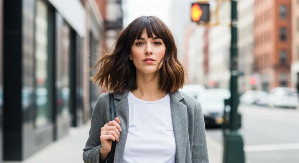 Best Hairstyles for Medium Length Hair in 2025: Trendy & Timeless 1 Trendy woman walking in an urban city street with shoulder-length wolf cut, curtain bangs flowing in the breeze