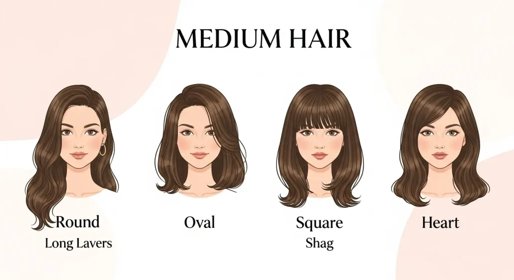 Best Hairstyles for Medium Length Hair in 2025: Trendy & Timeless 11 Infographic-style image featuring four illustrated women with different face shapes (round, oval, square, heart), each showcasing a flattering medium hairstyle (e.g., long layers, shag, curtain bangs).