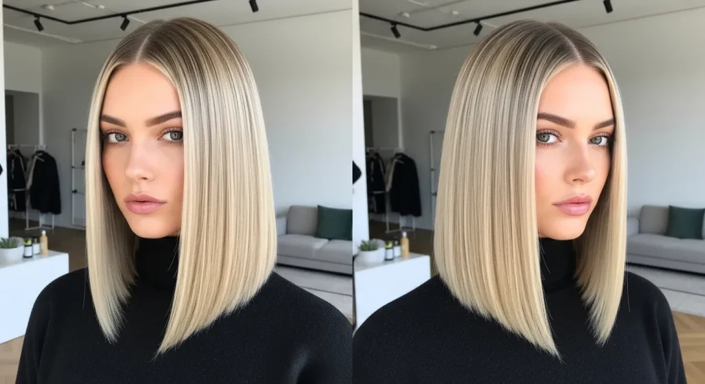 Best Hairstyles for Medium Length Hair in 2025: Trendy & Timeless 2 Woman with a sharp, blunt lob hairstyles for medium length hair styled straight and glossy, parted in the center.