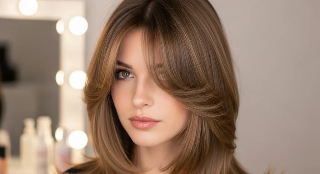 Best Hairstyles for Medium Length Hair in 2025: Trendy & Timeless 7 Model with straight or lightly curled hair and long, feathery curtain bangs.