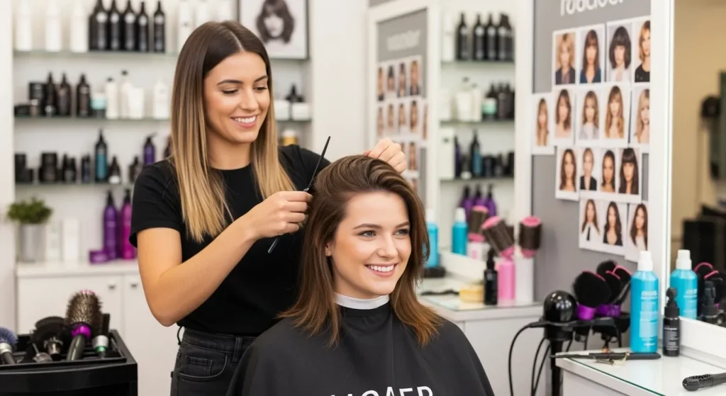 Best Hairstyles for Medium Length Hair in 2025: Trendy & Timeless 13 Happy woman looking at herself in a salon mirror, mid-transformation into a medium haircut.