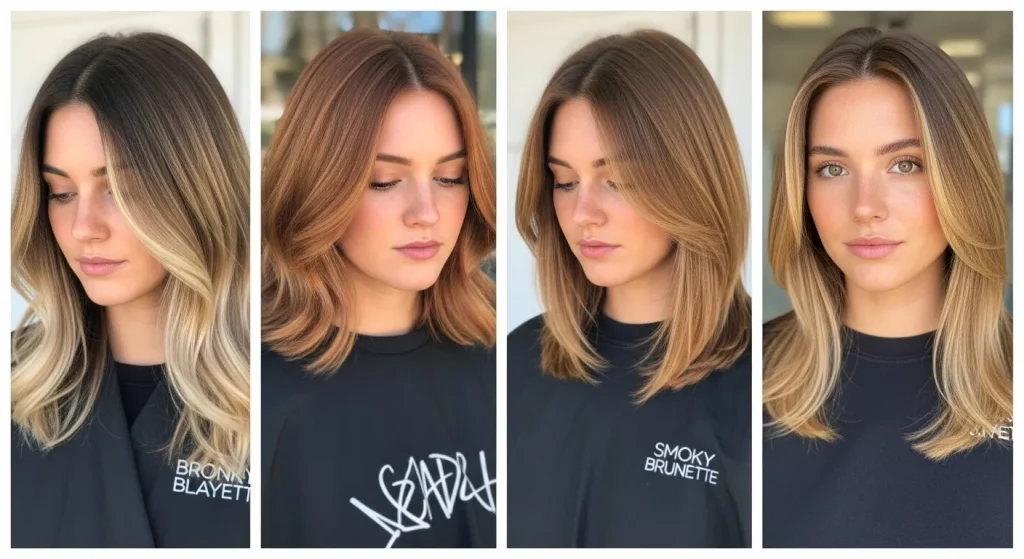Best Hairstyles for Medium Length Hair in 2025: Trendy & Timeless 9 Split-frame image showing four close-up shots of medium hairstyles with trending 2025 hair colors: bronde balayage, strawberry copper, smoky brunette, and face-framing highlights.