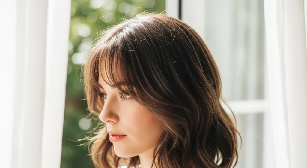 Best Hairstyles for Round Faces in 2025: Flattering & Fabulous 3 Medium wavy hairstyle with curtain bangs flattering a round face.