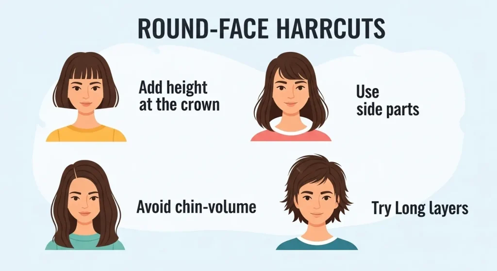 Best Hairstyles for Round Faces in 2025: Flattering & Fabulous 12 Illustrated hairstyle tips for round face shapes.