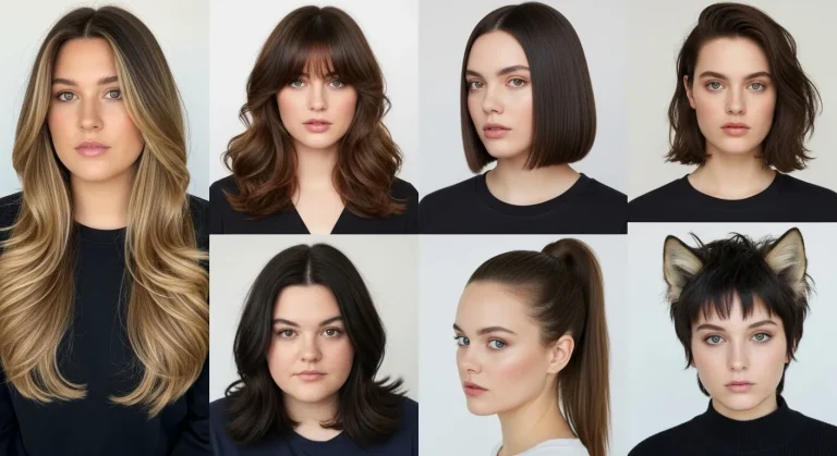 A lineup of women with round faces wearing popular 2025 hairstyles like layers, bangs, and bobs.