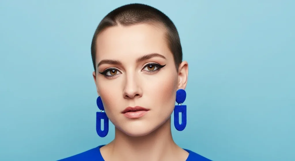Best Hairstyles for Short Hair in 2025: Fresh, Chic & Easy 7 Woman with buzz cut and statement makeup, looking confidently at the camera.