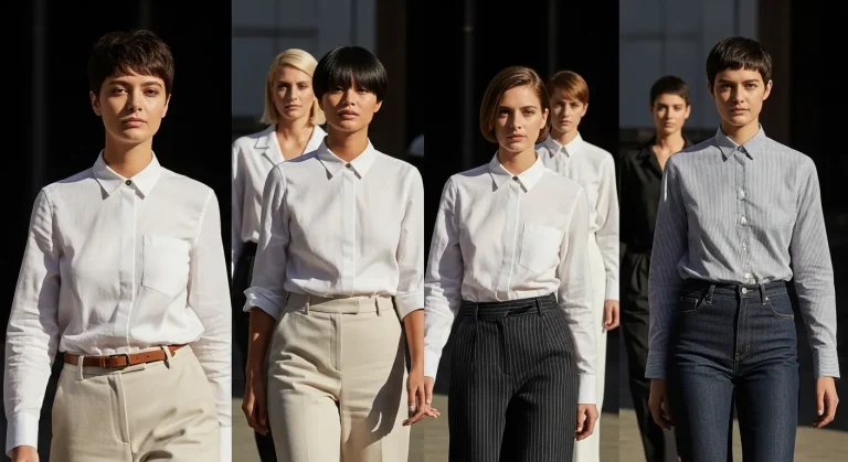 Diverse women with trendy hairstyles for short hair 2025, including pixie cuts, bobs, and buzz cuts, posing confidently in a modern cityscape.