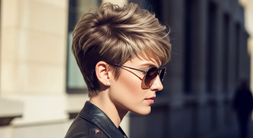 Best Hairstyles for Short Hair in 2025: Fresh, Chic & Easy 2 Woman with a textured pixie cut and fringe, wearing sunglasses and a jacket outdoors hairstyles for short hair.
