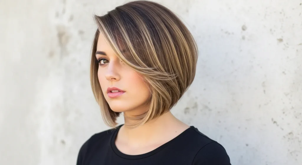 Best Hairstyles for Short Hair in 2025: Fresh, Chic & Easy 5 Confident woman showing off her edgy asymmetrical bob haircut with highlights.