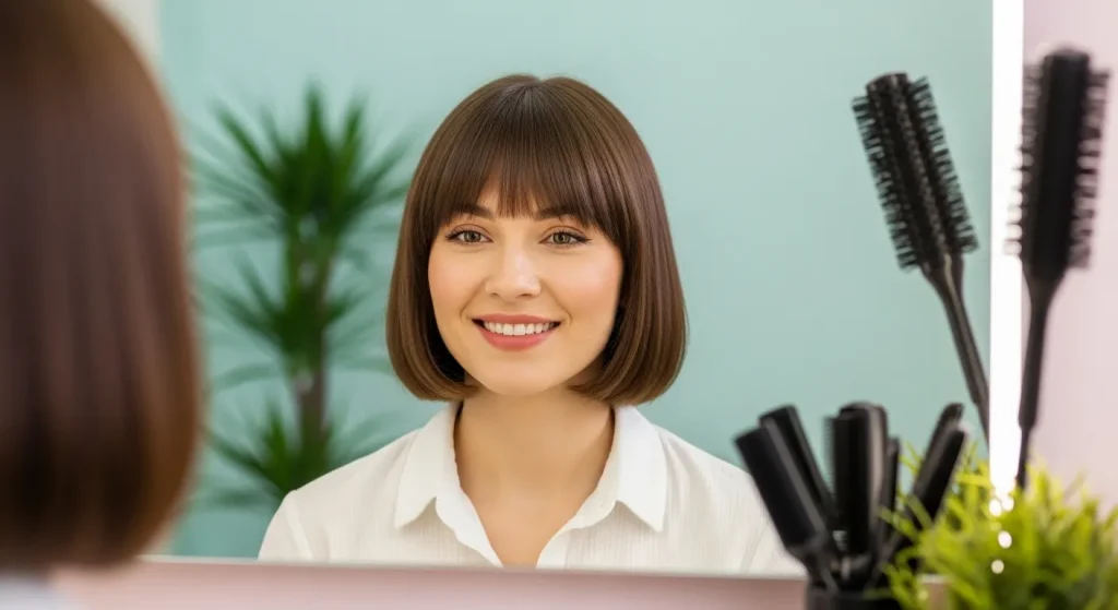 Best Hairstyles for Short Hair in 2025: Fresh, Chic & Easy 1 Woman admiring her new short French bob haircut in a modern salon mirror, surrounded by stylish decor.
