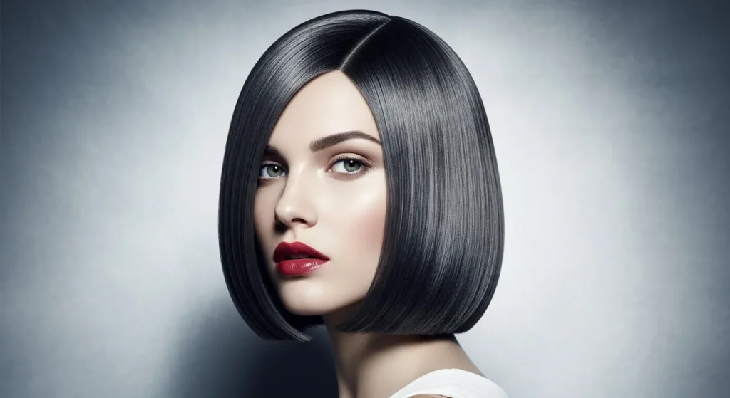 Best Hairstyles for Short Hair in 2025: Fresh, Chic & Easy 3 Woman with a sleek, shiny blunt bob haircut and bold lipstick in a minimalist studio.