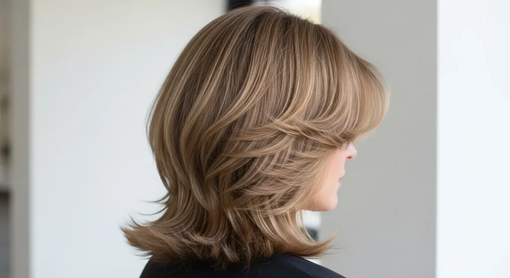 Top Hairstyles for Thin Hair That Add Volume and Style 7 Back view of layered lob with feathered ends adding volume to thin hair.