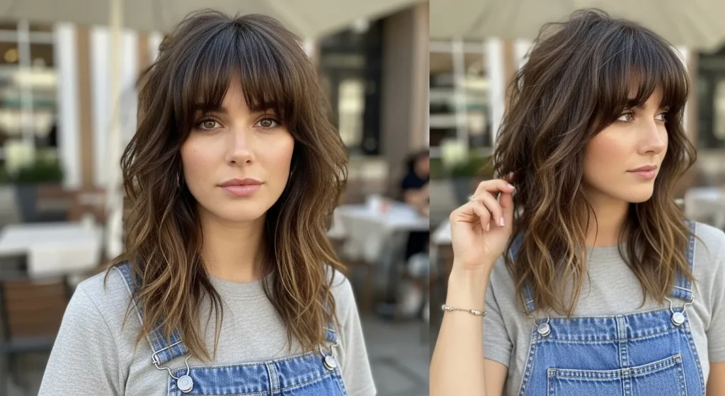 Top Hairstyles for Thin Hair That Add Volume and Style 8 Shag haircut with curtain bangs styled with beachy waves for fullness.