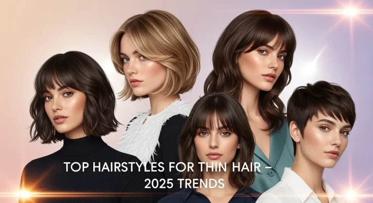 Realistic photo of women with 2025 thin hair hairstyles including bob, lob, shag, and pixie cuts in a studio setting.