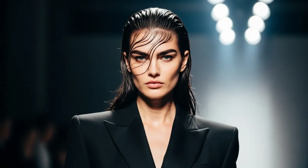 Hot Hairstyles for Long Hair in 2025 You’ll Want to Copy 8 Slicked-back wet hairstyle for long hair styled in a fashion-forward 2025 editorial look.