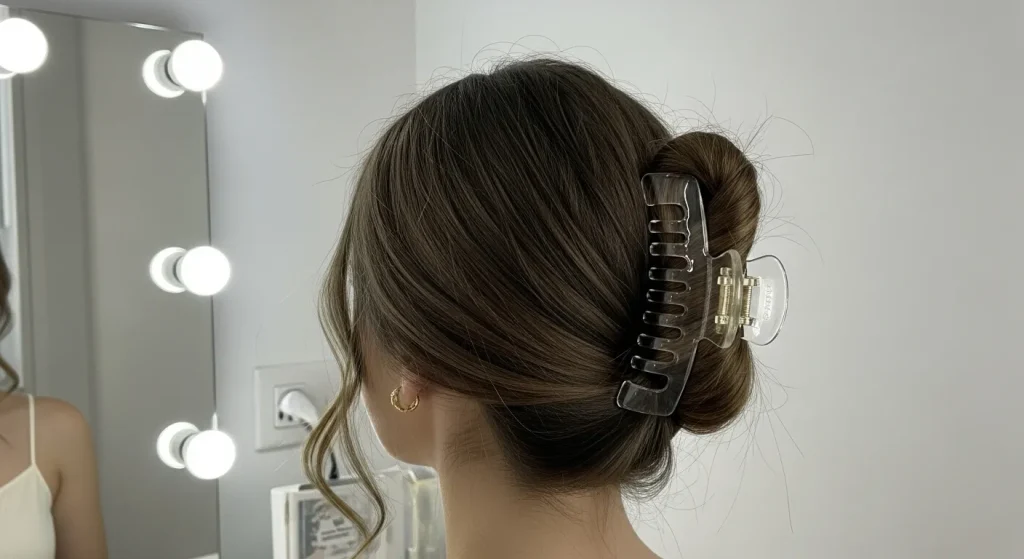 Hot Hairstyles for Long Hair in 2025 You’ll Want to Copy 6 Long hair styled in a French twist with oversized transparent claw clip, inspired by 2025’s ’90s revival.