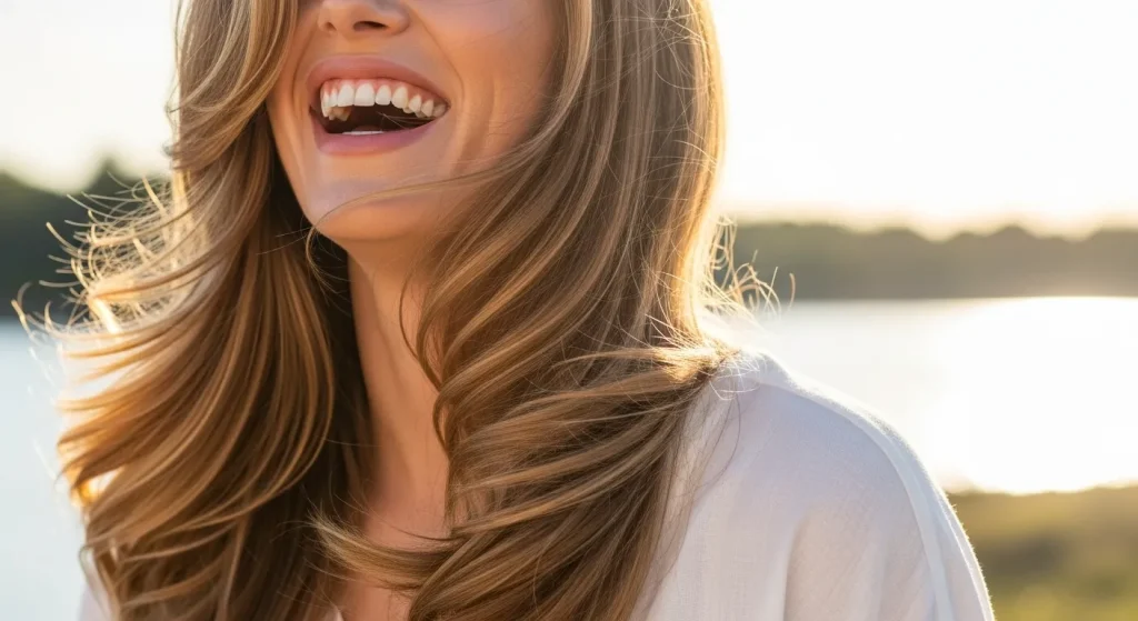 Hot Hairstyles for Long Hair in 2025 You’ll Want to Copy 2 Woman with voluminous, layered blowout hairstyle for long hair in 2025, outdoors in natural light.