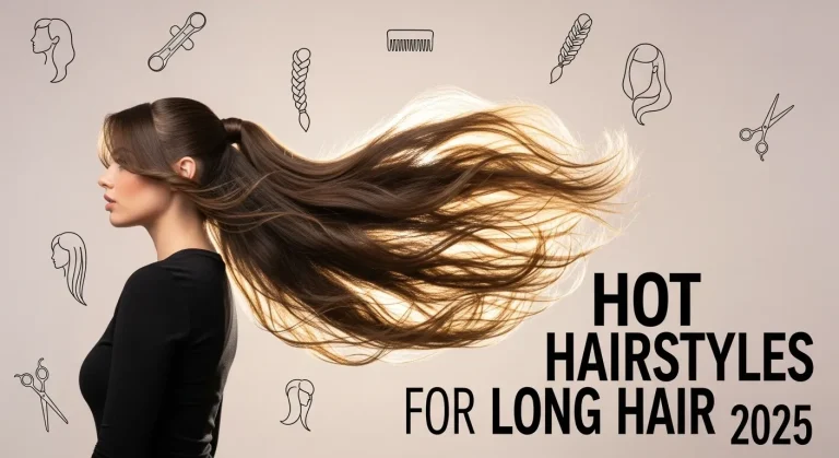 Woman with long, glossy hair in trendy 2025 styles, including soft waves and ponytail, set against a chic background.