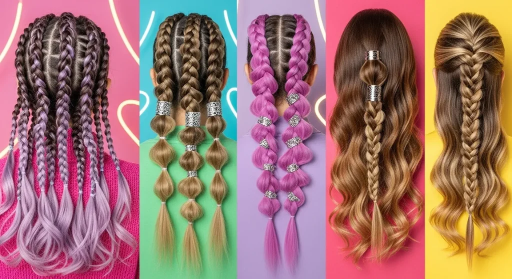 Hot Hairstyles for Long Hair in 2025 You’ll Want to Copy 3 Trendy high-contrast braided hairstyles with color accents and accessories for long hair in 2025.