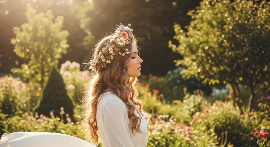 Hot Hairstyles for Long Hair in 2025 You’ll Want to Copy 9 Boho braided crown on long hair styled with flowers for a dreamy 2025 hairstyle look.