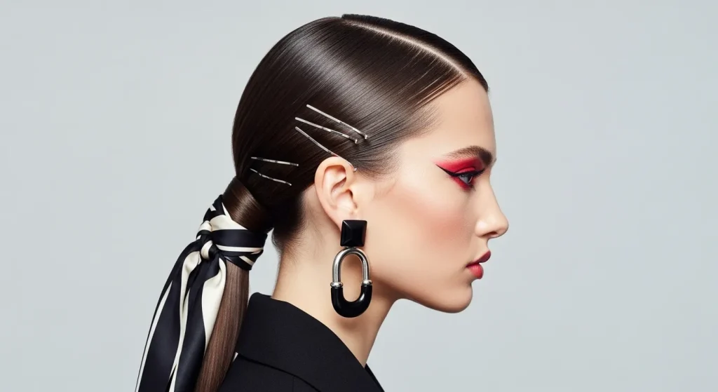 Hot Hairstyles for Long Hair in 2025 You’ll Want to Copy 4 Sleek low ponytail with wrapped base and ribbon, styled with statement earrings and polished shine.