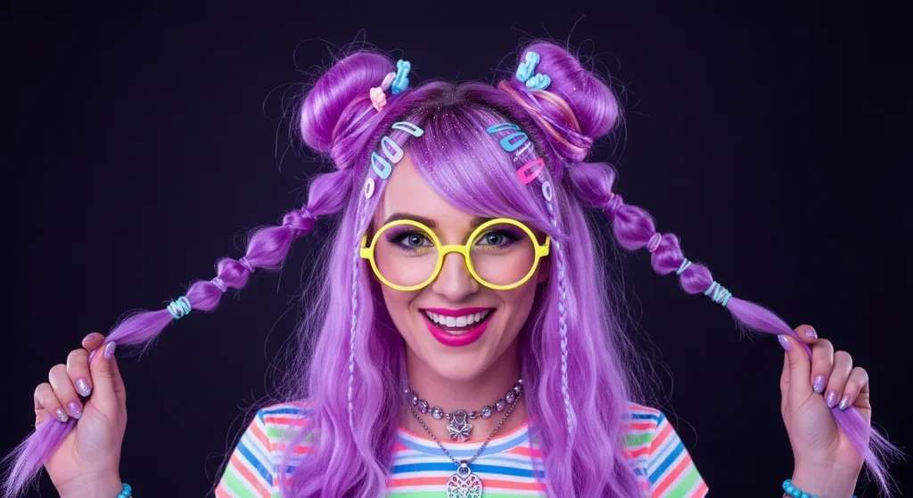 Hot Hairstyles for Long Hair in 2025 You’ll Want to Copy 12 Double space buns with twisted knots and glitter roots for long hair in 2025 Y2K style.