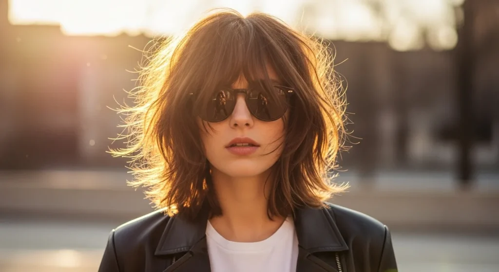 Modern woman wearing a sun-kissed shaggy lob haircut, 2025 style