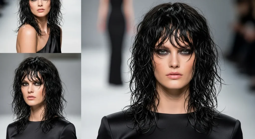 Runway-ready wet look shaggy lob haircut