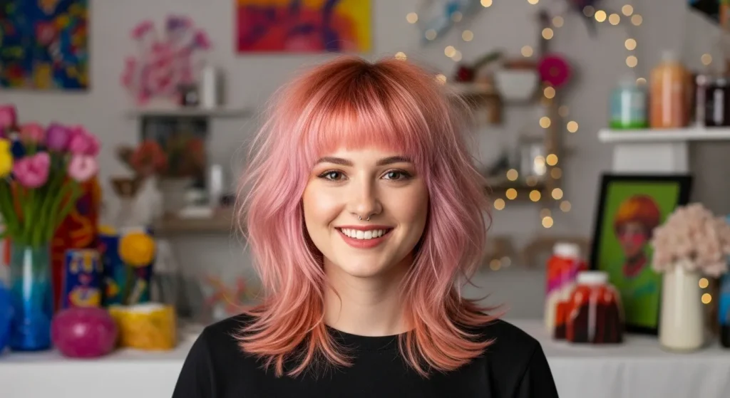 Colored shaggy lob haircut with pastel tones