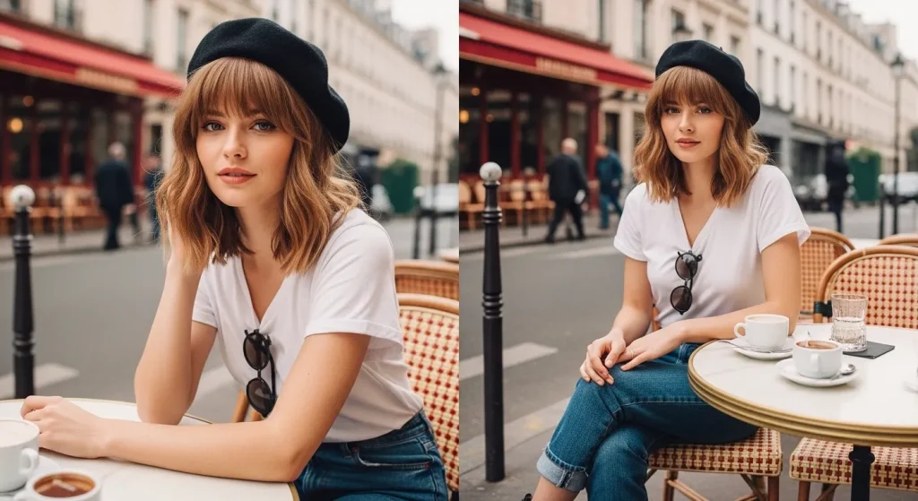 Shaggy lob haircut with full fringe bangs