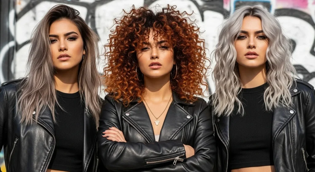 Three models with textured wolf cut 2025 hairstyles showcasing diverse hair textures and bold color trends, posing against a graffiti wall.