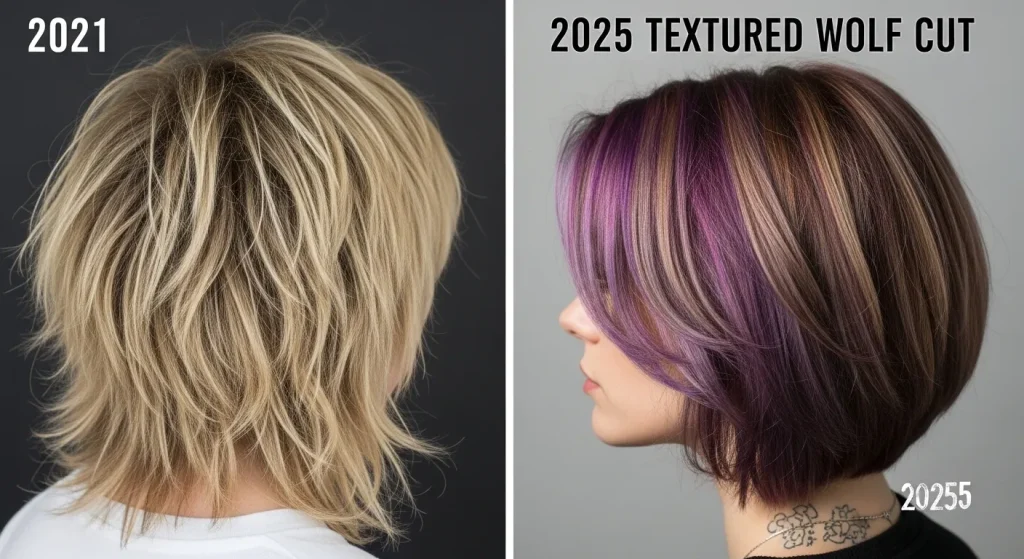 Side-by-side comparison of 2021 shaggy wolf cut and 2025 refined textured wolf cut with multi-tone colors.