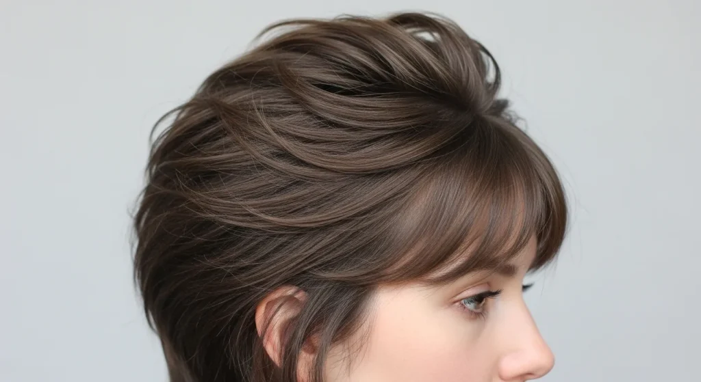 Side profile of a textured wolf cut hairstyle with voluminous crown and soft curtain bangs.