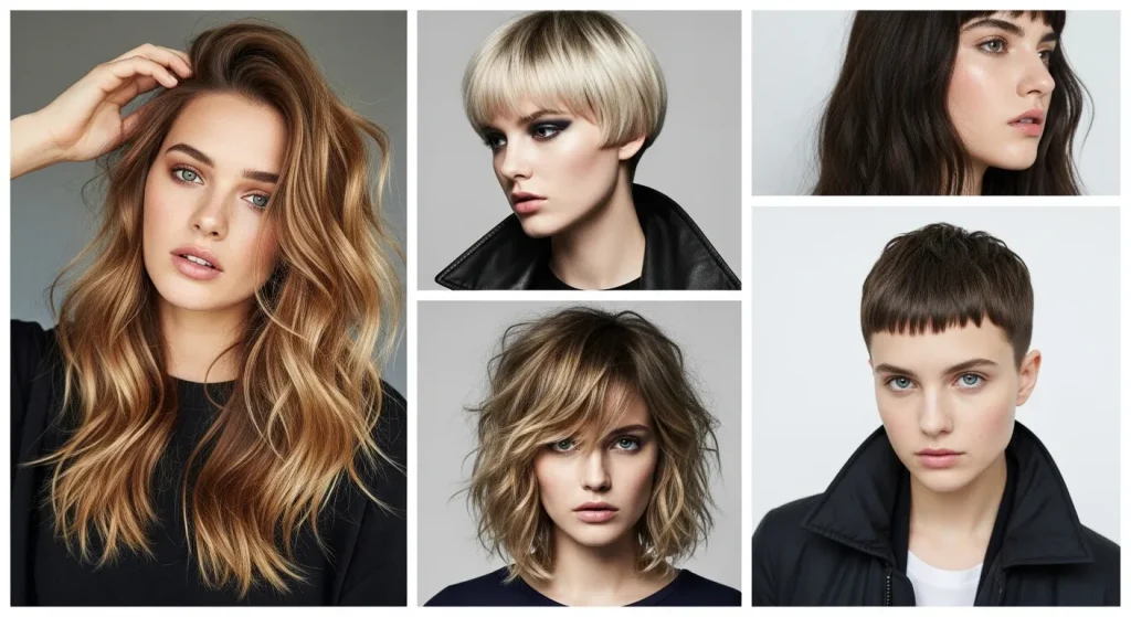 Mood board collage of four textured wolf cut styles from soft feminine to edgy graphic looks.