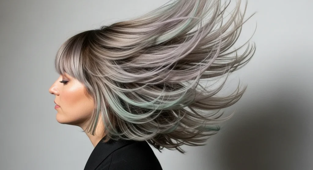 Woman flipping hair with pastel-highlighted textured wolf cut showcasing layers and volume.