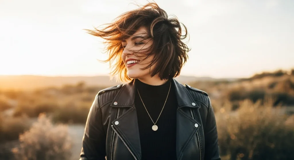 Woman outdoors with textured wolf cut hairstyle, smiling confidently in sunset light.