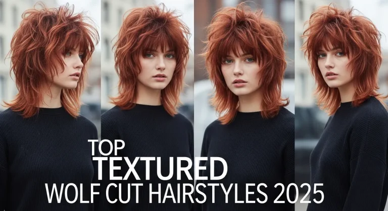 Close-up of women with a textured wolf cut 2025 hairstyle, showcasing tousled layers and copper ombré highlights in an urban background.